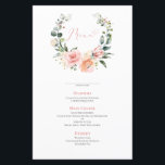 Dusty Pink Floral Wreath Wedding Menu<br><div class="desc">Creëer de perfecte receptie. We houden van dit trendy trouwmenu van 5, 5 x 8, 5 inch! Eenvoudig, elegant en o-zo-, kenmerkt het een perzige, stoffige roze waterverf met een groot design. Het is gepersonaliseerd in elegante typografie, en geaccentueerd met hand-briefed kalligrafie. Bekijk hier de suite: https://www.zazzle.com/collections/peach_pink_floral_eucalyptus_wreath_wedding-119912292411919869 De ontwerper van...</div>