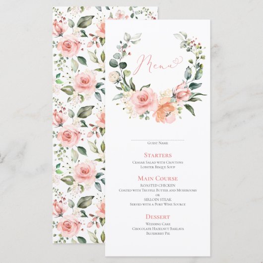 Dusty Pink Floral Wreath Wedding Menu (Voorkant / Achterkant)