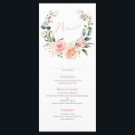 Dusty Pink Floral Wreath Wedding Menu<br><div class="desc">Creëer de perfecte receptie. We houden van dit trendy trouwmenu van 4 x 9 inch! Eenvoudig, elegant en o-zo-, kenmerkt het een perzige, stoffige roze waterverf met een groot design. Het is gepersonaliseerd in elegante typografie, en geaccentueerd met hand-briefed kalligrafie. Bekijk hier de suite: https://www.zazzle.com/collections/peach_pink_floral_eucalyptus_wreath_wedding-119912292411919869 De ontwerper van het contact...</div>