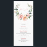 Dusty Pink Floral Wreath Wedding Menu<br><div class="desc">Creëer de perfecte receptie. We houden van dit trendy trouwmenu van 4 x 9 inch! Eenvoudig, elegant en o-zo-, kenmerkt het een perzige, stoffige roze waterverf met een groot design. Het is gepersonaliseerd in elegante typografie, en geaccentueerd met hand-briefed kalligrafie. Bekijk hier de suite: https://www.zazzle.com/collections/peach_pink_floral_eucalyptus_wreath_wedding-119912292411919869 De ontwerper van het contact...</div>