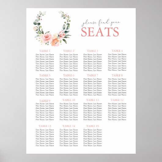 Dusty Pink Floral Wreath Wedding Seating Poster (Voorkant)
