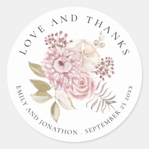 Dusty Pink Florals Dank u Namen Datum Bruiloft Ronde Sticker