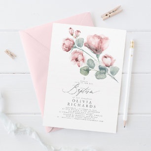 Dusty Pink Flowers Baptisme Invitation Kaart