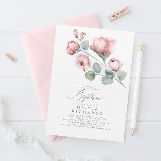 Dusty Pink Flowers Baptisme Invitation Kaart