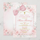 Dusty Pink Flowers Bow Girl First Holy Communion Kaart (Voorkant / Achterkant)