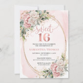 Dusty Pink Flowers Eucalyptus Sweet 16 Invitation Kaart (Voorkant)