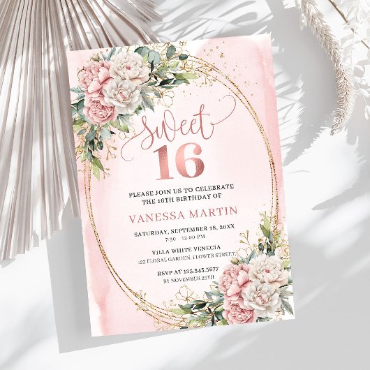 Dusty Pink Flowers Eucalyptus Sweet 16 Invitation Kaart