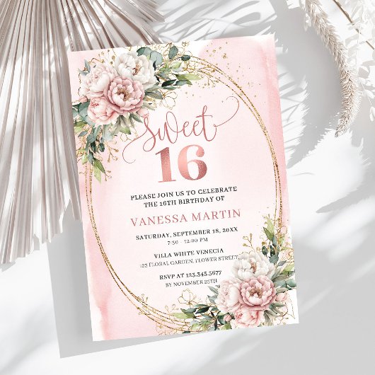 Dusty Pink Flowers Eucalyptus Sweet 16 Invitation Kaart