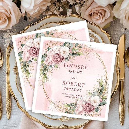 Dusty Pink Flowers Gold Glitter Eucalyptus Wedding Servet
