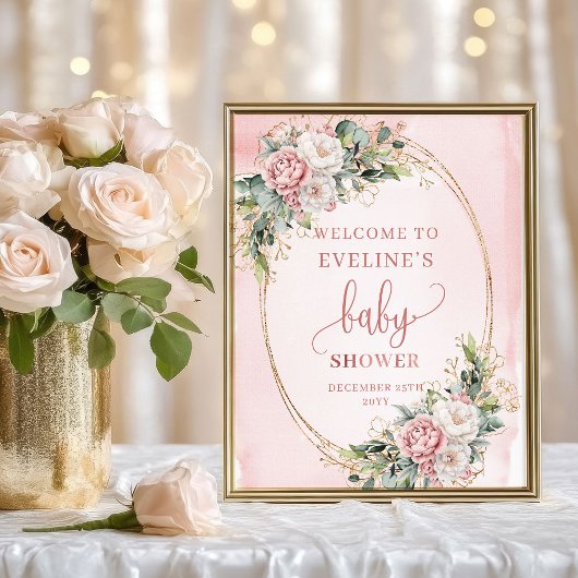 Dusty Pink Flowers Gold Welcome Baby Shower Sign Poster
