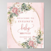 Dusty Pink Flowers Gold Welcome Baby Shower Sign Poster (Voorkant)