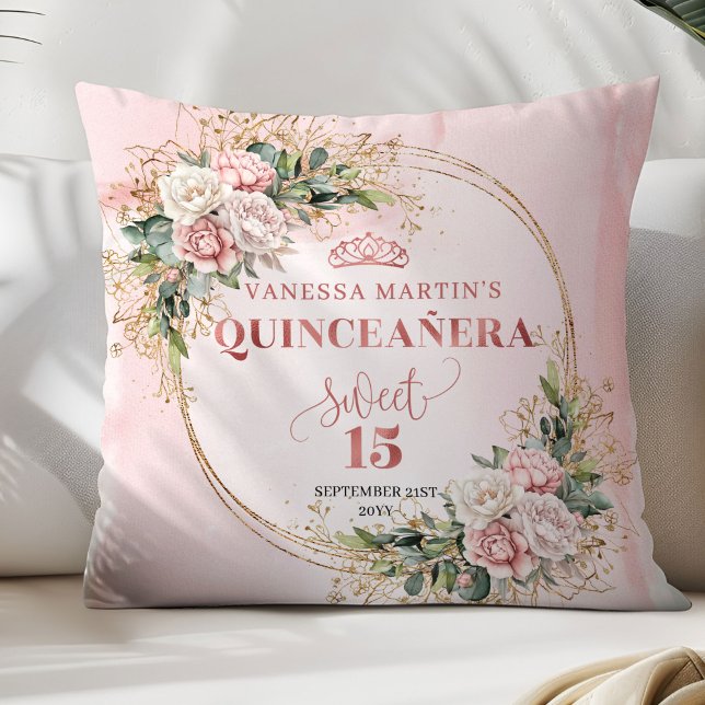 Dusty Pink Flowers Greenery Sweet 15 Decorative  Kussen (Dusty Pink Flowers Greenery Sweet 15 Decorative Pillow)