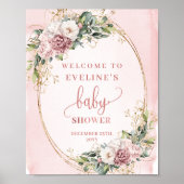 Dusty Pink Flowers Welcome Baby Shower Decor Sign Poster (Voorkant)