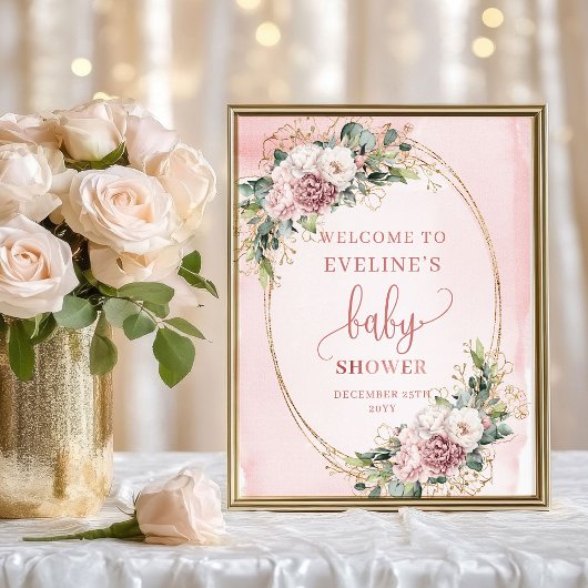 Dusty Pink Flowers Welcome Baby Shower Decor Sign Poster