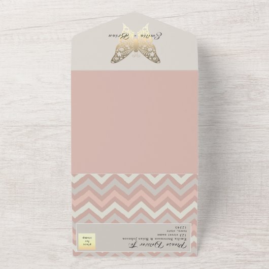 Dusty Pink Gold Butterfly Wedding Uitnodigen All In One Uitnodiging (Buitenkant)