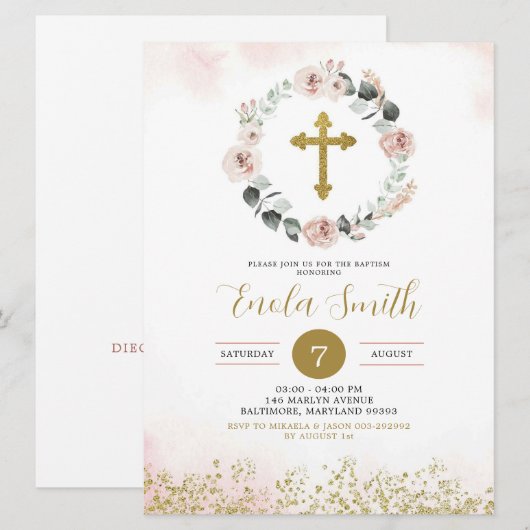 Dusty Pink Gold Cross Girl Baptisme Uitnodiging (Voorkant / Achterkant)