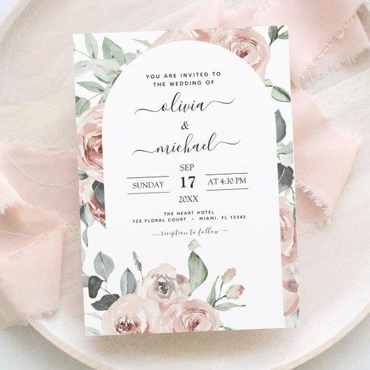 Dusty Pink Green Floral Wedding Kaart