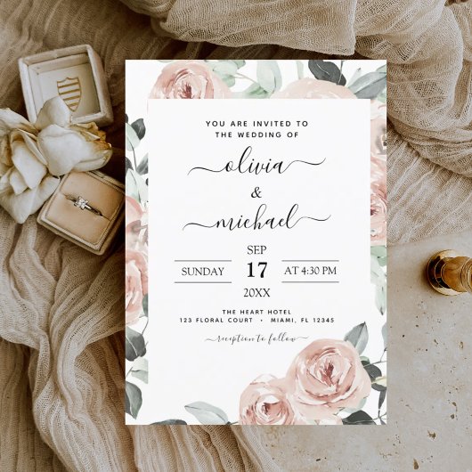 Dusty Pink Green Floral Wedding Kaart