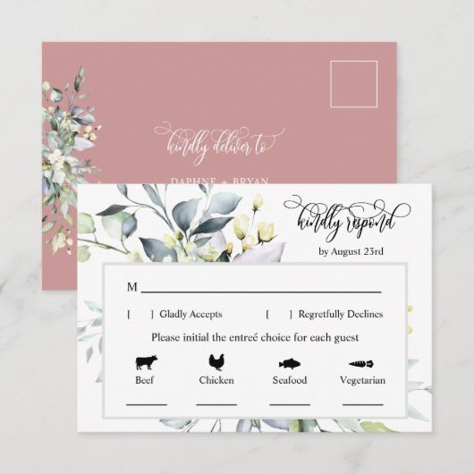 Dusty Pink Greenery Response Kaart 4 maaltijdkeuze (Voorkant / Achterkant)