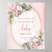 Dusty Pink Greenery Welcome Baby Shower Table Sign Poster (Voorkant)