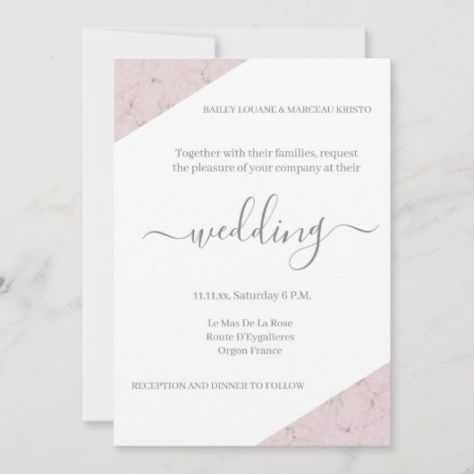 Dusty Pink Grey and White Marble Elegant Wedding Kaart (Voorkant)