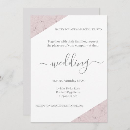 Dusty Pink Grey and White Marble Elegant Wedding Kaart (Voorkant / Achterkant)