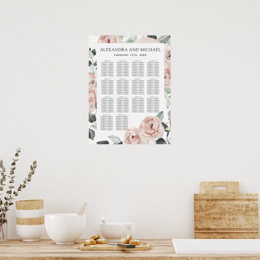 Dusty Pink Groene Floral Wedding Seding Chart Poster (Keuken)