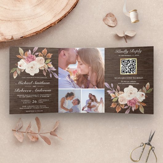 Dusty Pink Ivory Floral Barn Wood QR Code Weddensc Drieluik Uitnodiging