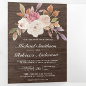 Dusty Pink Ivory Floral Barn Wood QR Code Weddensc Drieluik Uitnodiging (Binnenzijde eerst)