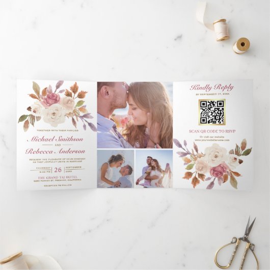 Dusty Pink Ivory Floral Foto QR Code Weddenschap Drieluik Uitnodiging (Binnen)