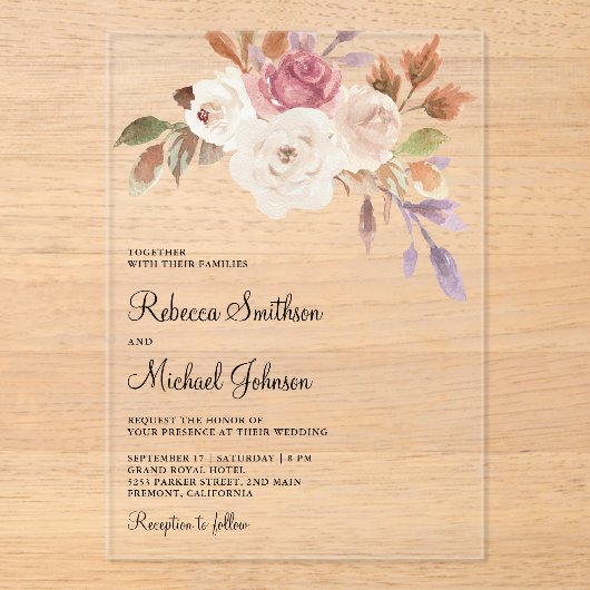 Dusty Pink Ivory Floral Wedding Acryl Uitnodigingen (Voorkant)