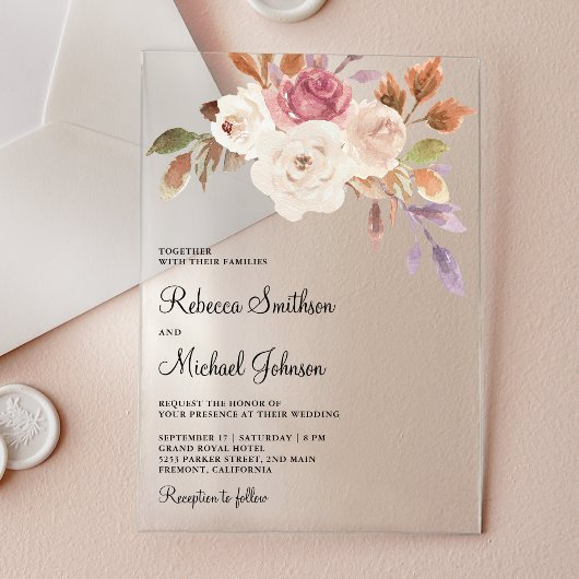 Dusty Pink Ivory Floral Wedding Acryl Uitnodigingen