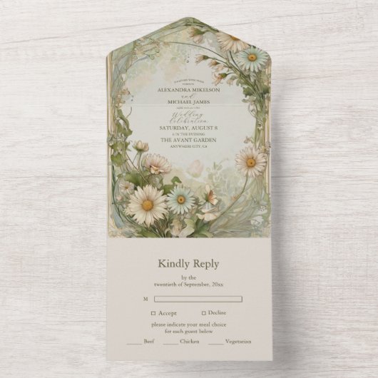 Dusty Pink Marguerite Daisy Wedding Art Nouveau All In One Uitnodiging (Binnen)