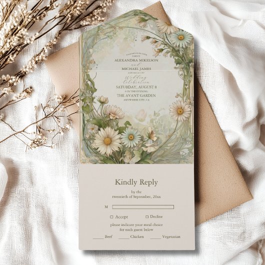 Dusty Pink Marguerite Daisy Wedding Art Nouveau All In One Uitnodiging