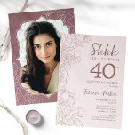Dusty Pink Mauve foto Verrassing 40e verjaardag Kaart<br><div class="desc">Bloemen stoffige roze en mauve verrassing 40e verjaardag feestuitnodiging met uw foto op de achterkant van de kaart. Trendy boho maar toch modern vrouwelijk design met botanische accenten en typografie script lettertype. Eenvoudige bloemenuitnodigingskaart perfect voor een stijlvol vrouw verrassen dagviering. Kan worden aangepast aan elke leeftijd. Gedrukte Zazzle-uitnodigingen of direct...</div>