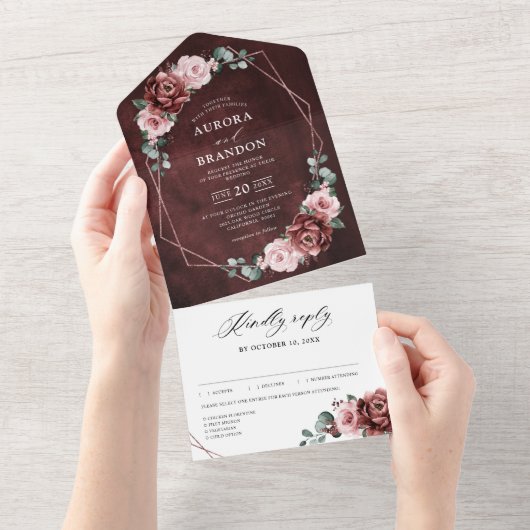 Dusty Pink Mauve Roos Floral Geometric Wedding Al All In One Uitnodiging (Afscheurbaar)
