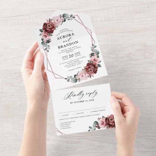 Dusty Pink Mauve Roos Floral Geometric Wedding All In One Uitnodiging (Afscheurbaar)