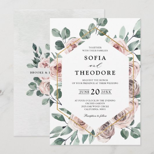 Dusty Pink Mauve Roos Floral Geometric Wedding Kaart (Voorkant / Achterkant)