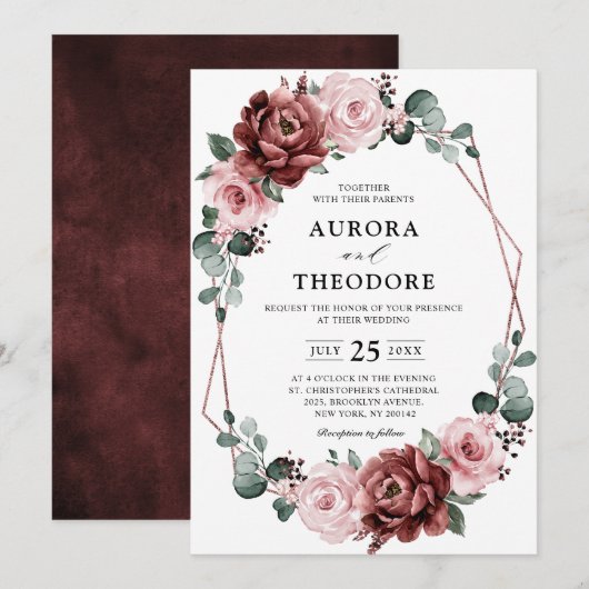 Dusty Pink Mauve Roos Floral Geometric Wedding Kaart (Voorkant / Achterkant)