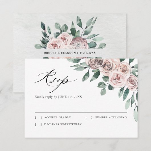 Dusty Pink Mauve Roos Floral Geometric Wedding RS RSVP Kaartje (Voorkant / Achterkant)