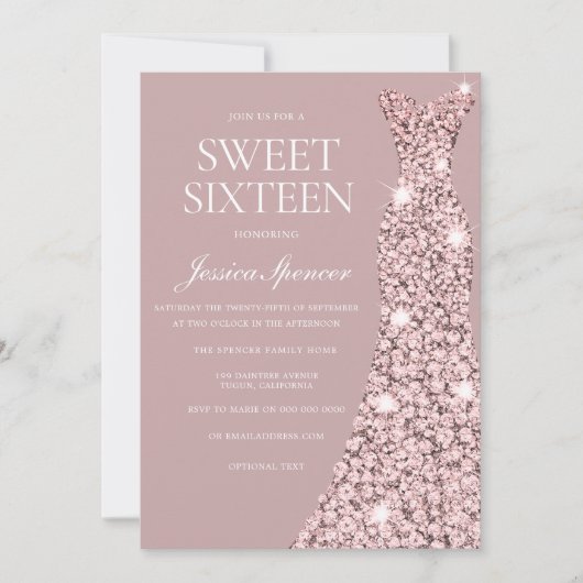 Dusty Pink Mauve Roos Gold Dress Sweet 16 Zestien Kaart (Voorkant)