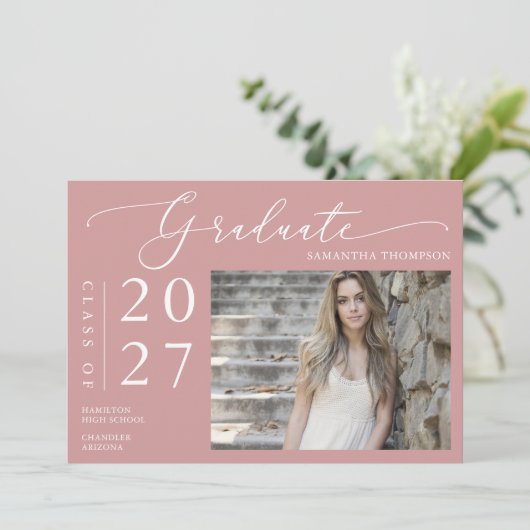 Dusty Pink Minimal Script School Afstuderen Foto Kaart (Staand voorkant)