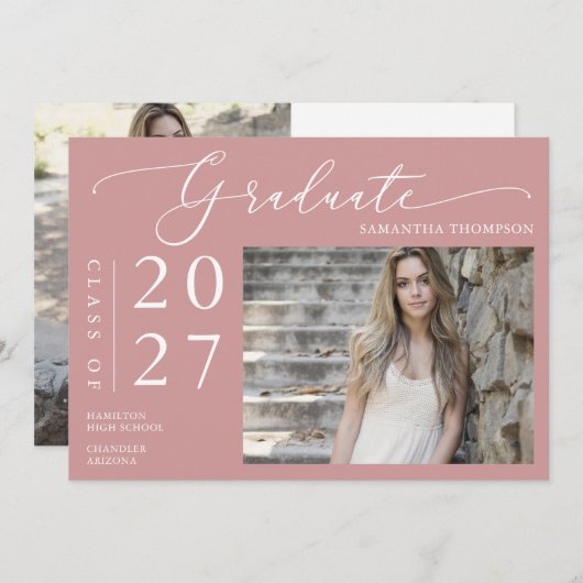 Dusty Pink Minimal Script School Afstuderen Foto Kaart (Voorkant / Achterkant)