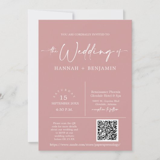 Dusty Pink Minimal Wedding Boho Arch QR Code Kaart (Voorkant)