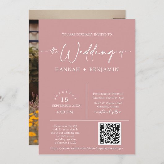 Dusty Pink Minimal Wedding Boho Arch QR Code Kaart (Voorkant / Achterkant)
