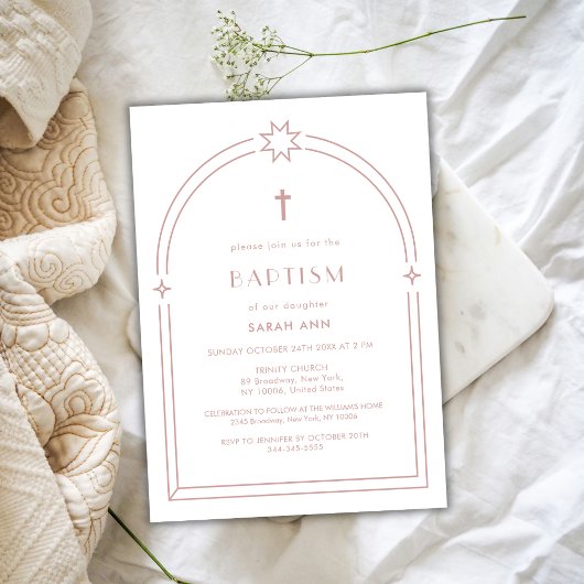Dusty Pink Minimalist Boho Arch Cross Doop Kaart