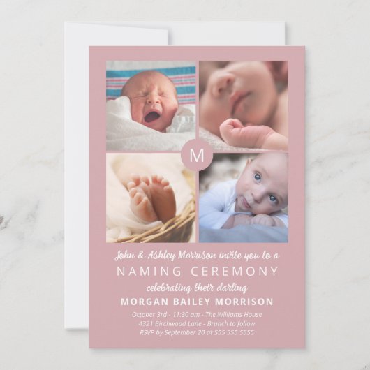 Dusty Pink Monogram Photo Collage Naming Ceremony Kaart (Voorkant)