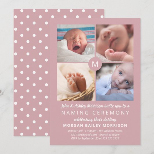 Dusty Pink Monogram Photo Collage Naming Ceremony Kaart (Voorkant / Achterkant)
