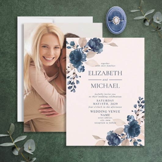 Dusty Pink Navy Blue Floral Foto Rustic Wedding Kaart