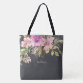 Dusty Pink Paars Floral Initiaal Monogram Canvas t Tote Bag (Voorkant)